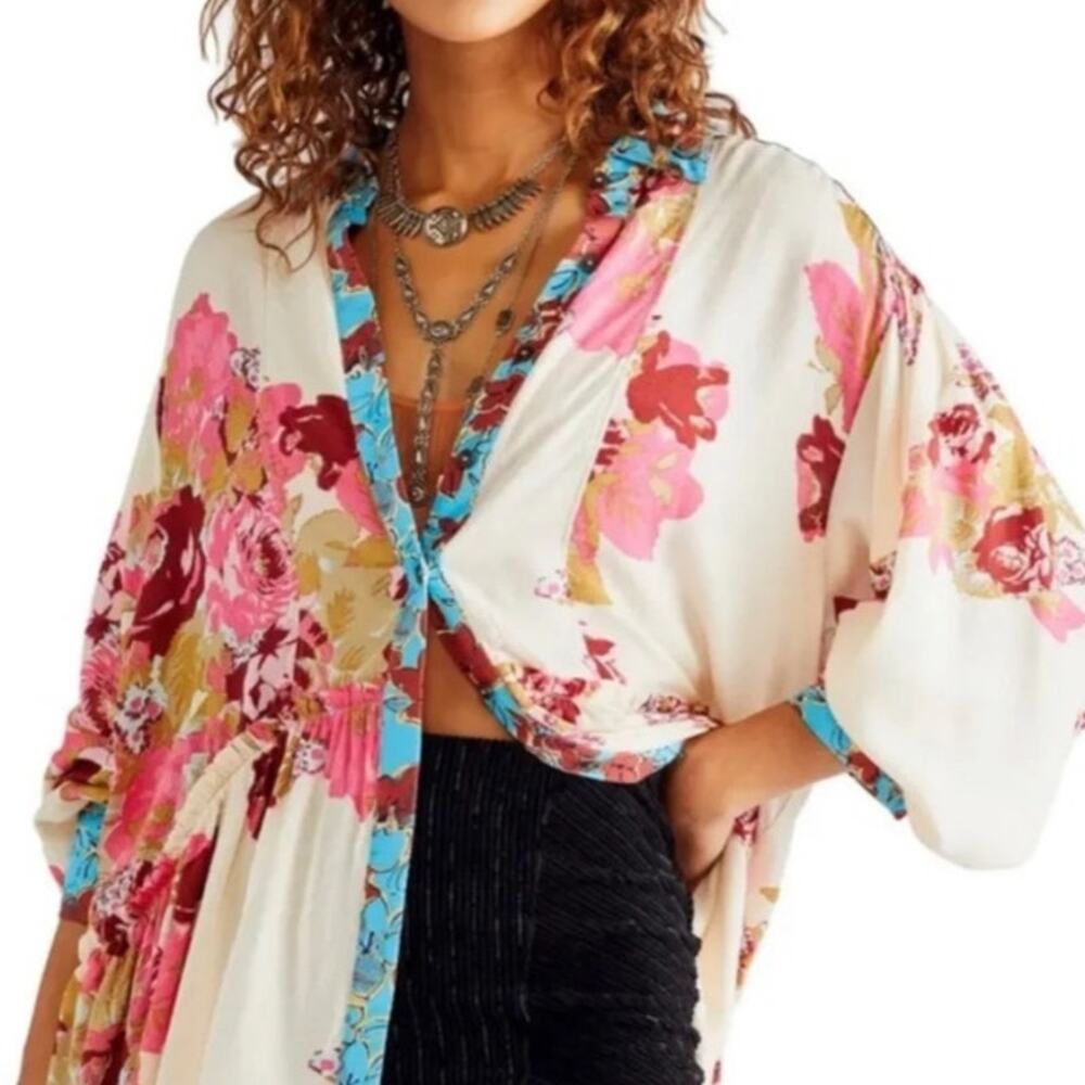 Free People Floral Tunic Top Small Pink Blue Button Front Boho Oversized Viscose